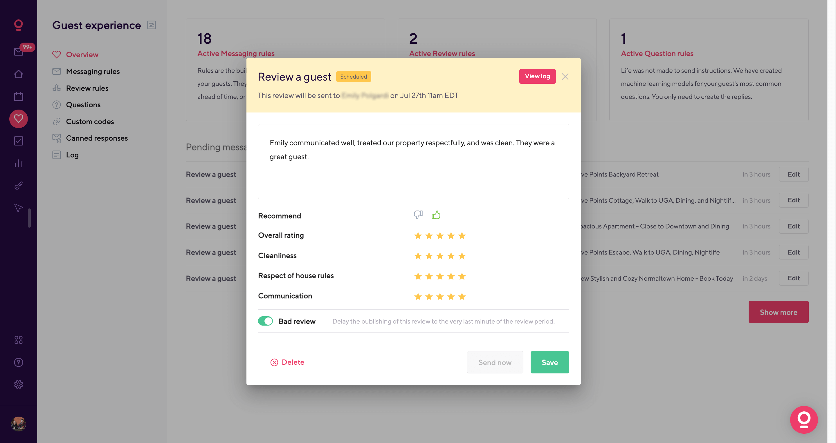 A screenshot of Hospitables review feature